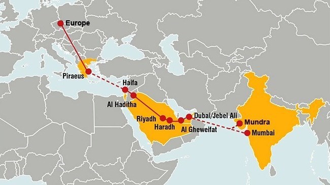 مسیر کریدور دریایی هند به امارات متحده عربی، عربستان و اروپا